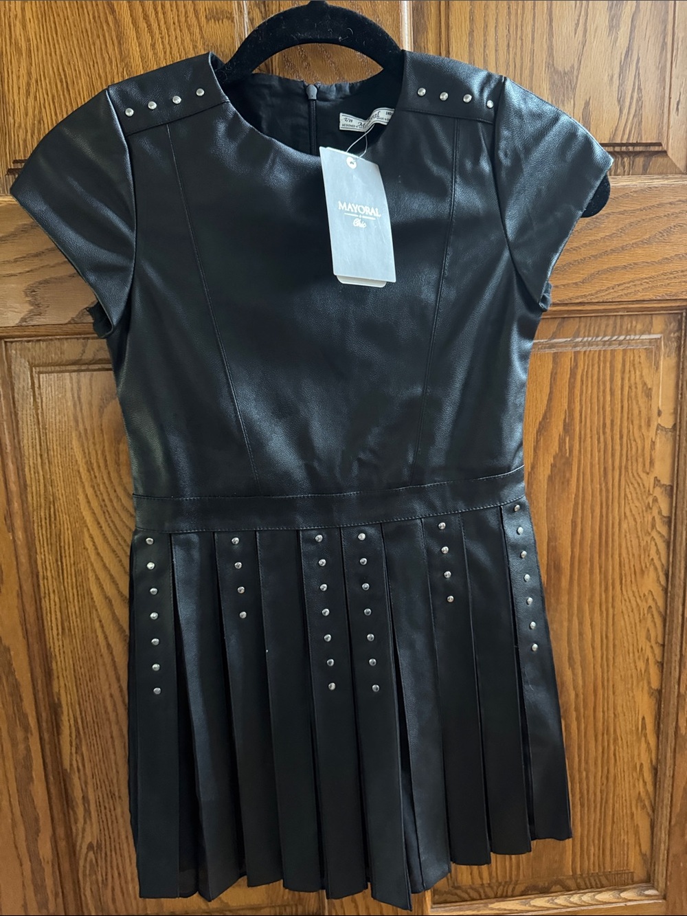 Mayoral Black Faux-Leather Pleated Dress with Silver Studs